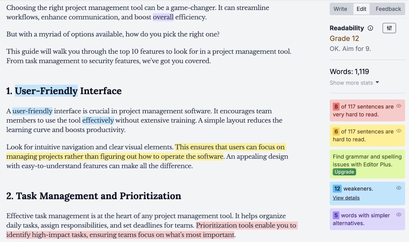 Hemingway Editor with different color-coded suggestions to improve a piece of content.
