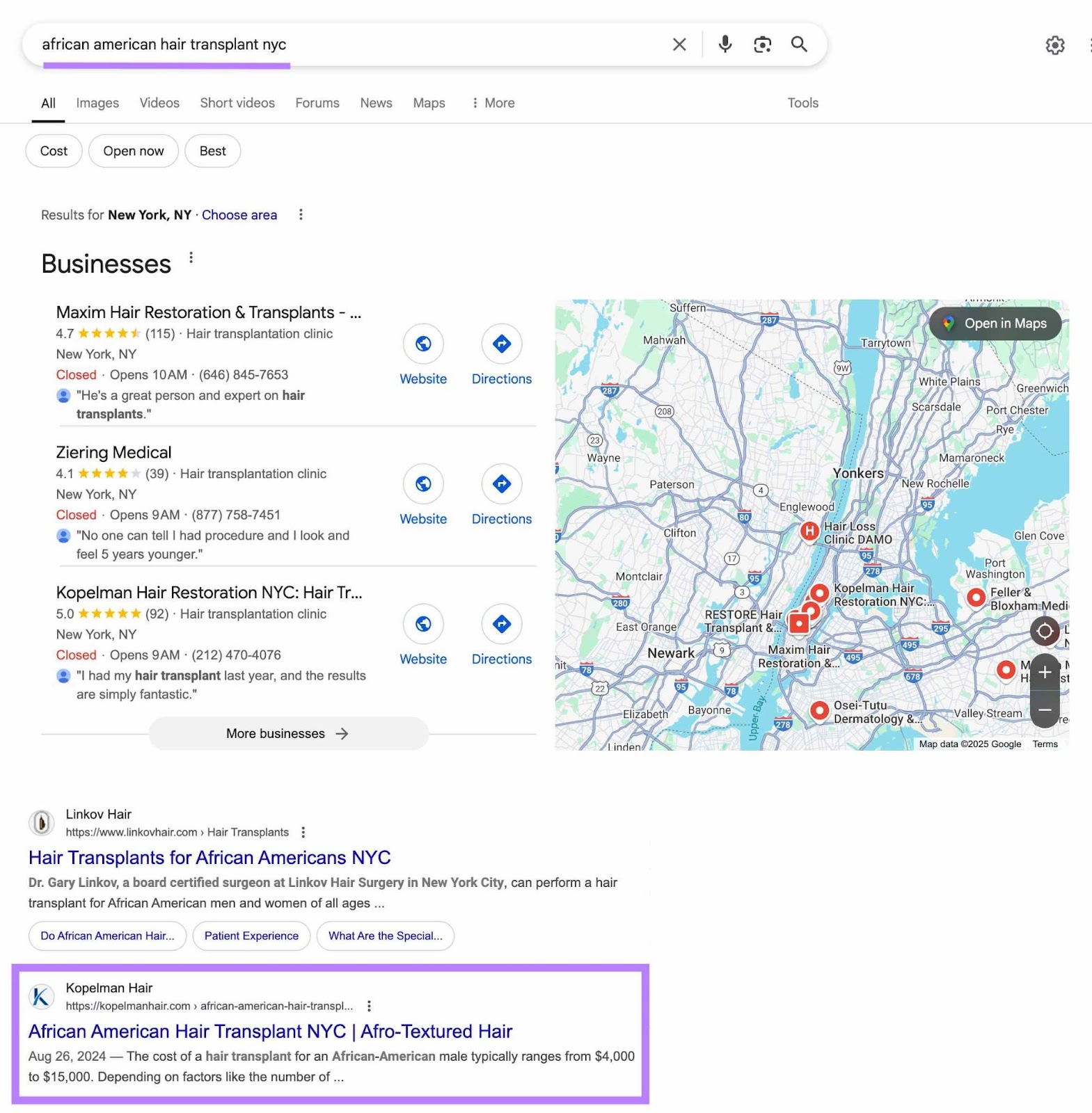 Google SERP with a term entered and a website targeting that specific keyword appearing in the second position.