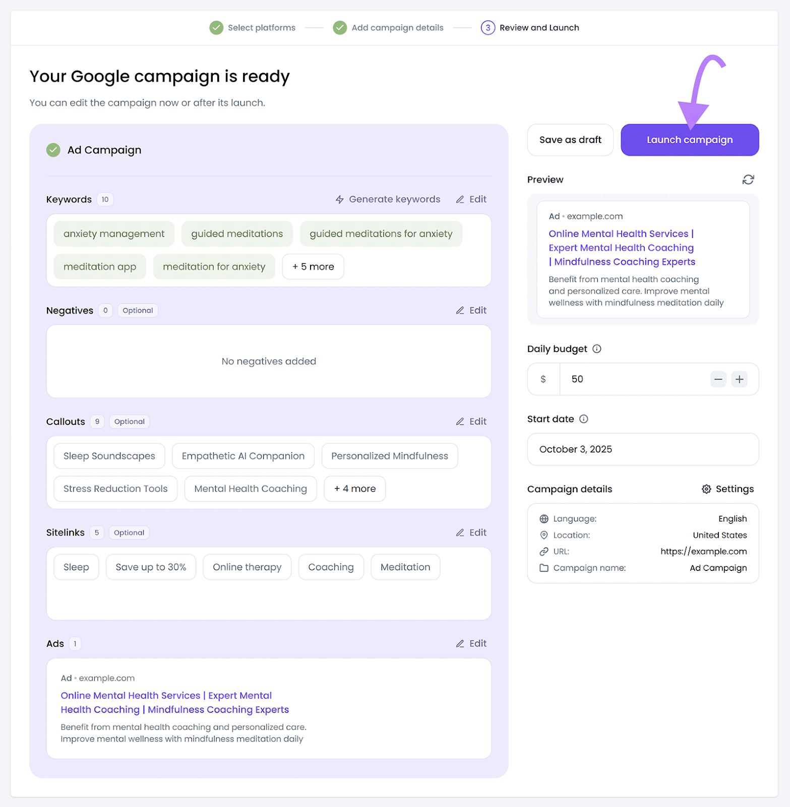 Google campaign review page with arrow pointing to Launch campaign button.