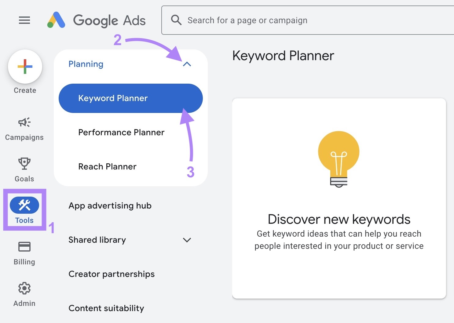 The "Tools" tab on Google Ads with "Keyword Planner" under "Planning" clicked.