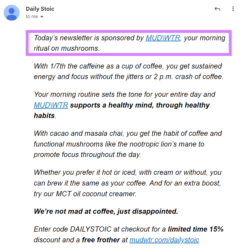 A newsletter ad from Ryan Holiday’s Daily Stoic newsletter