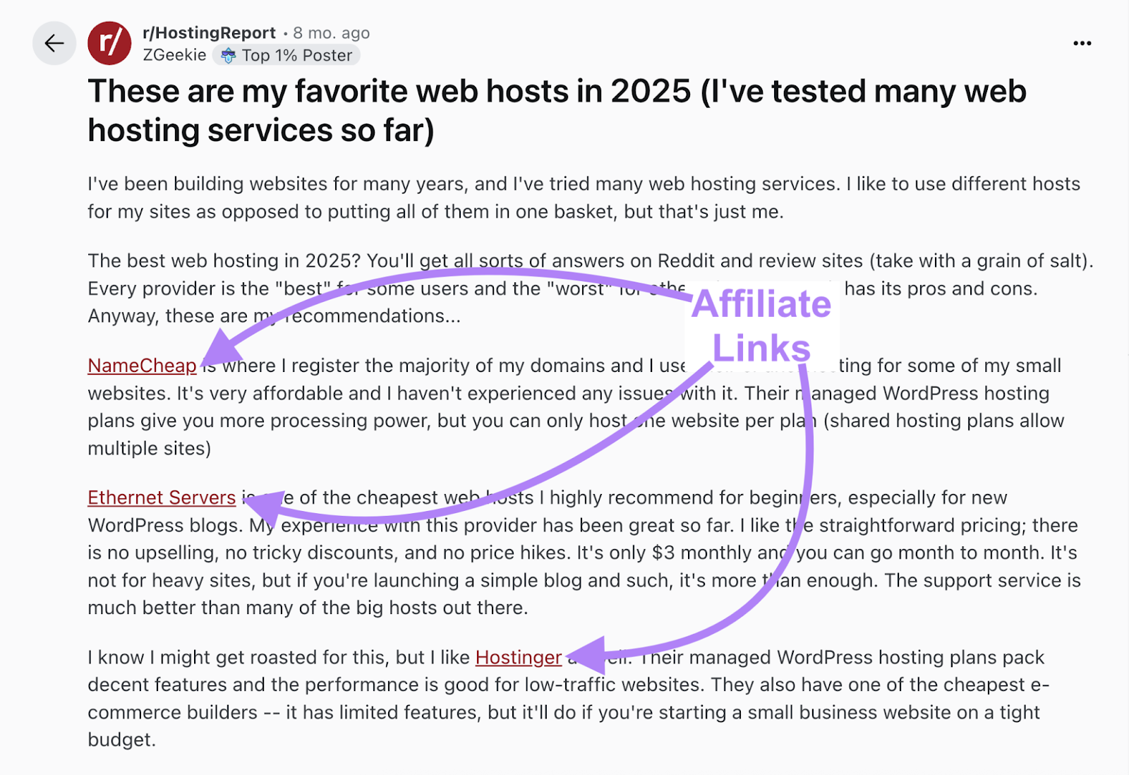 In this example, linked mentions of web hosting services are affiliates.