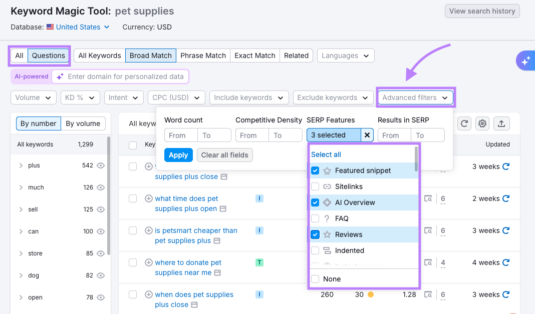 Advanced filters in Keyword Magic Tool