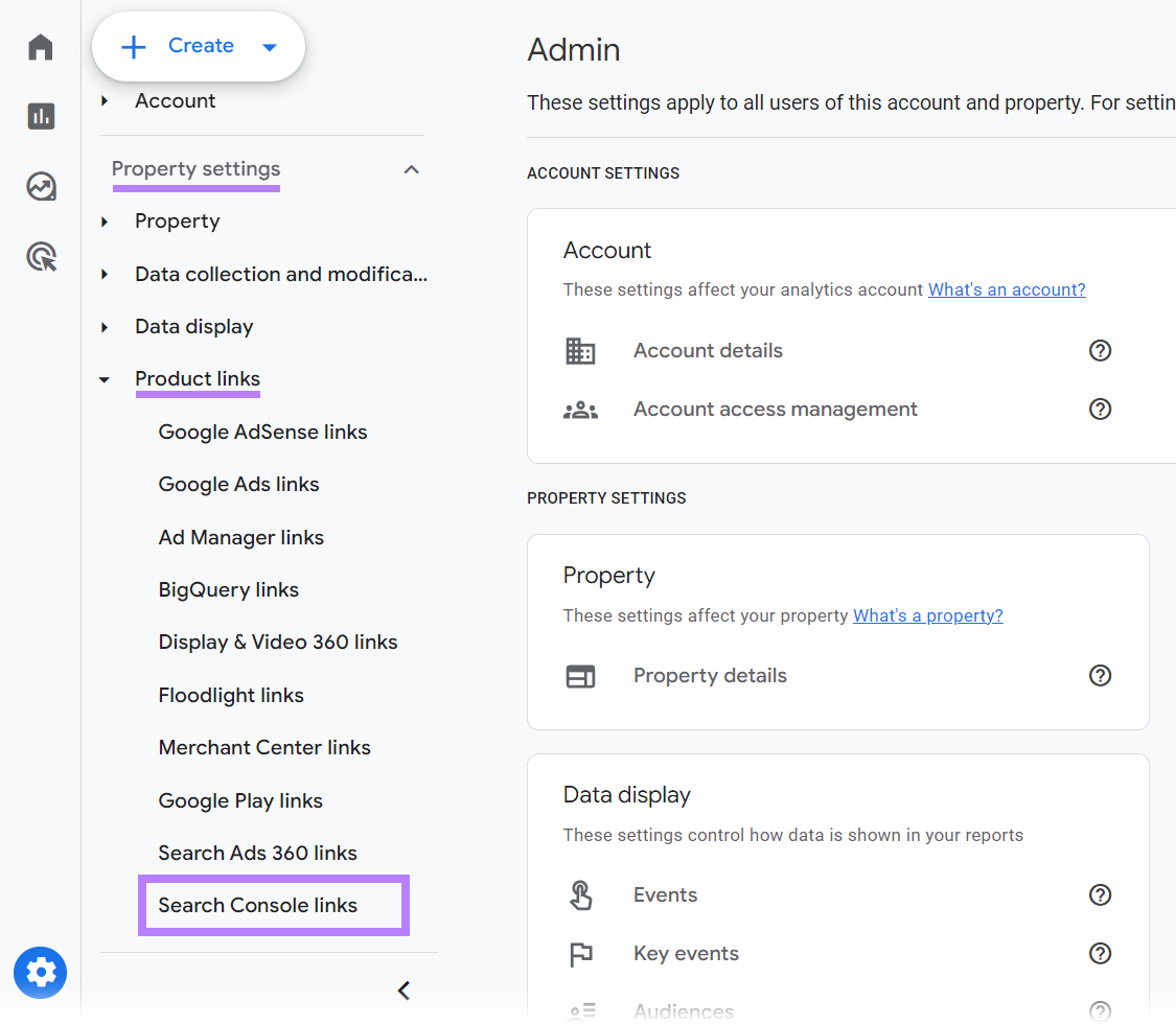 Property settings and Product links menus expanded and Search Console Links option highlighted.