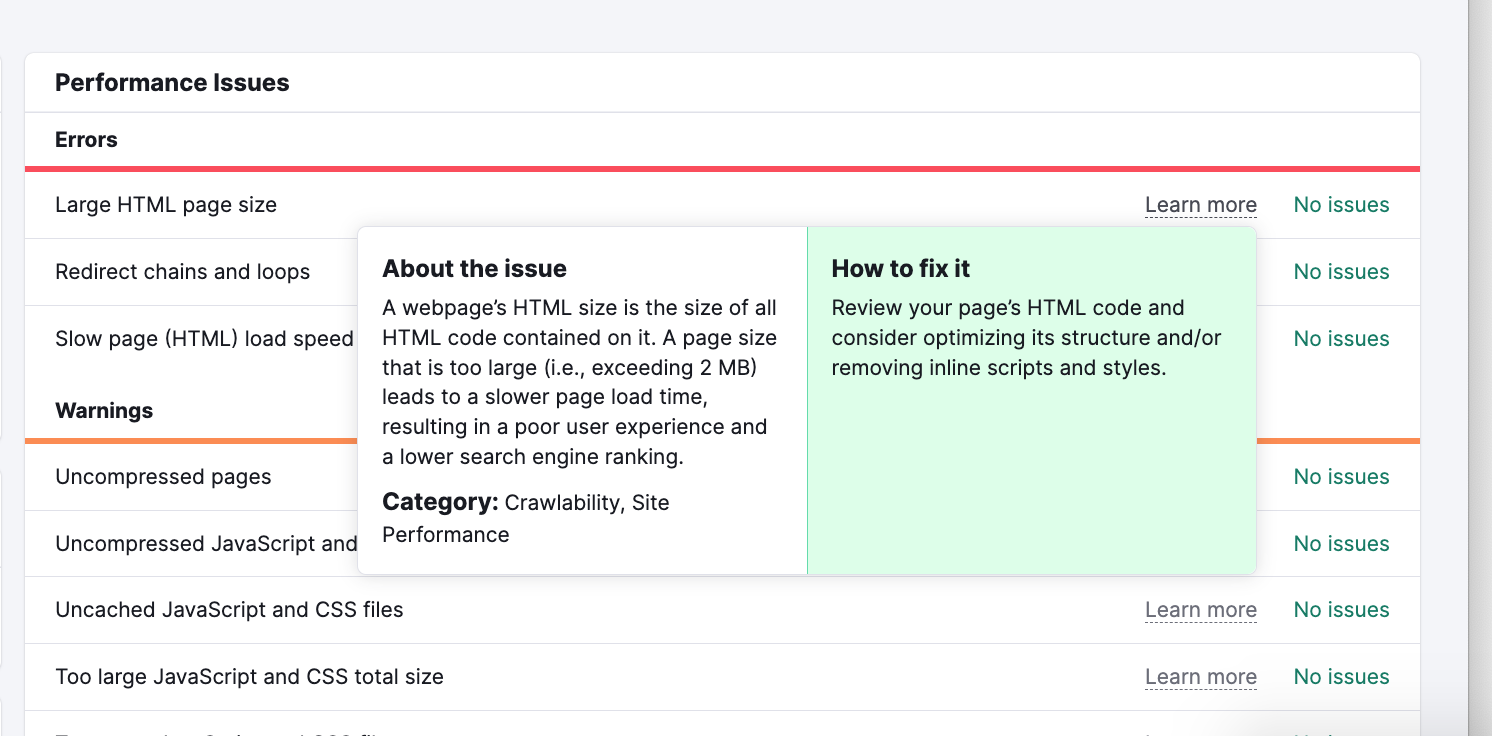 An example of "Why and how to fix it" box in Site Audit tool