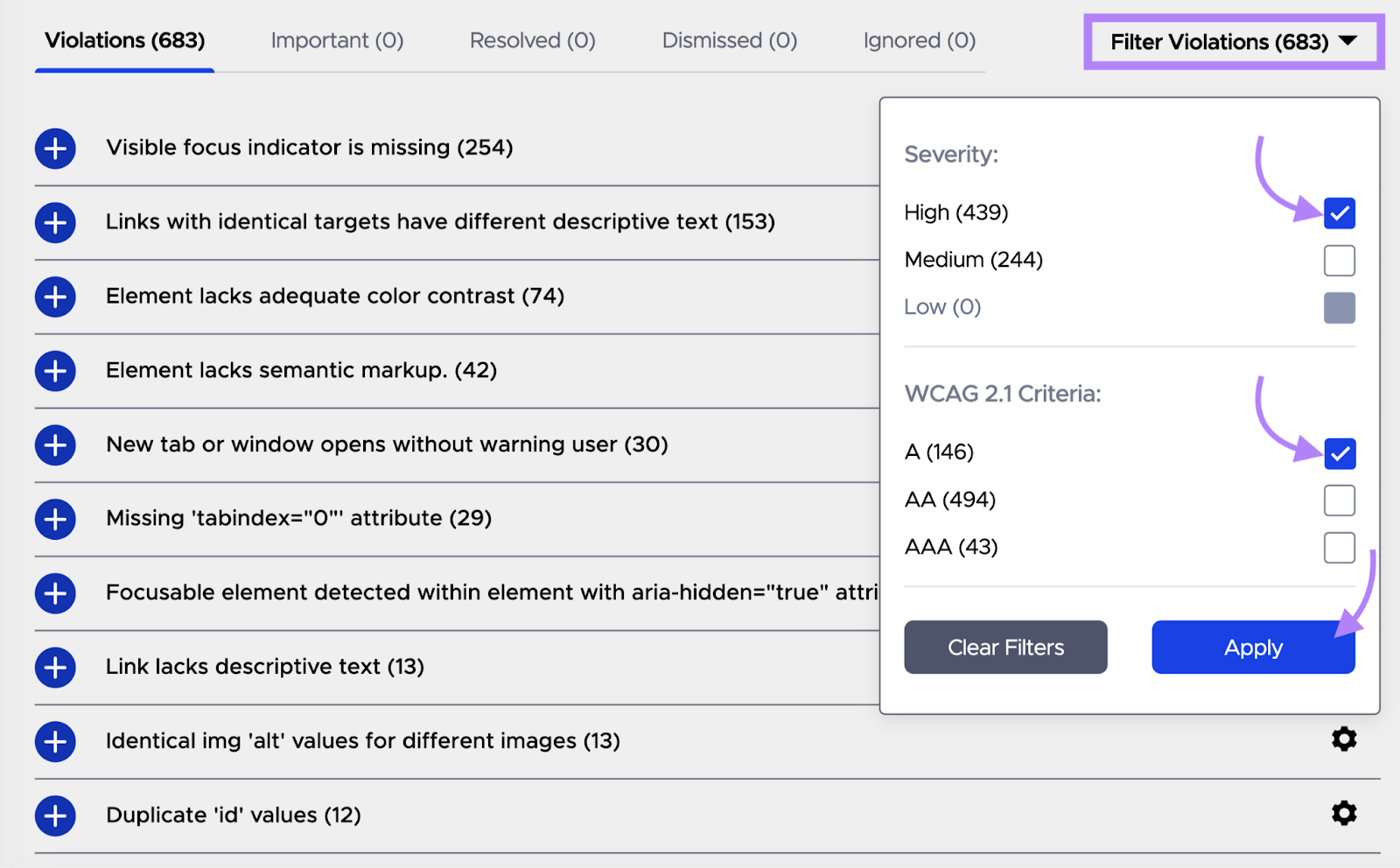A list of violations provided by the app