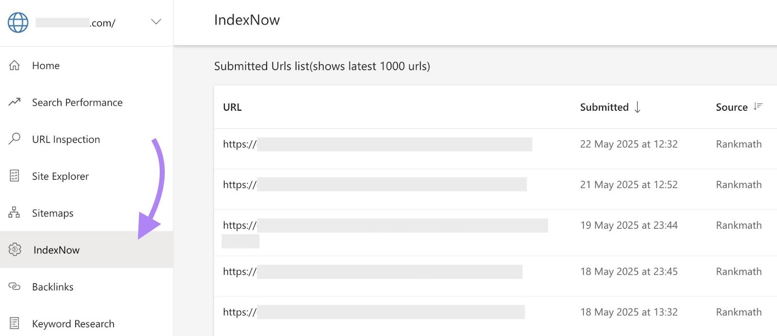 The "IndexNow" tab on Bing Webmaster Tools showing a list of submitted URLs.