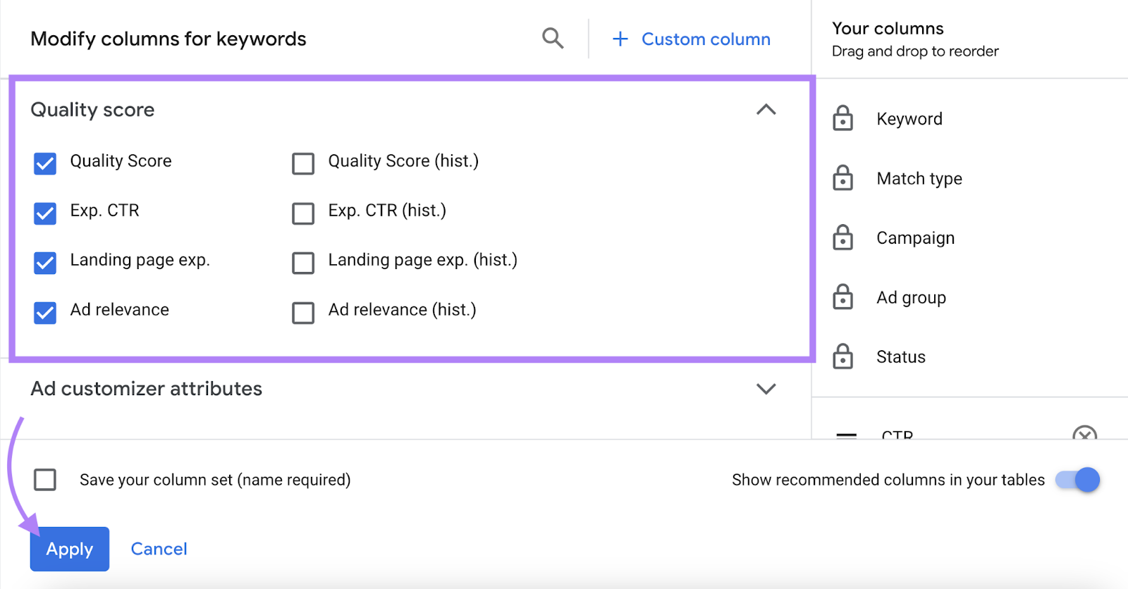 Quality Score appears as a drop down menu in the column categories.
