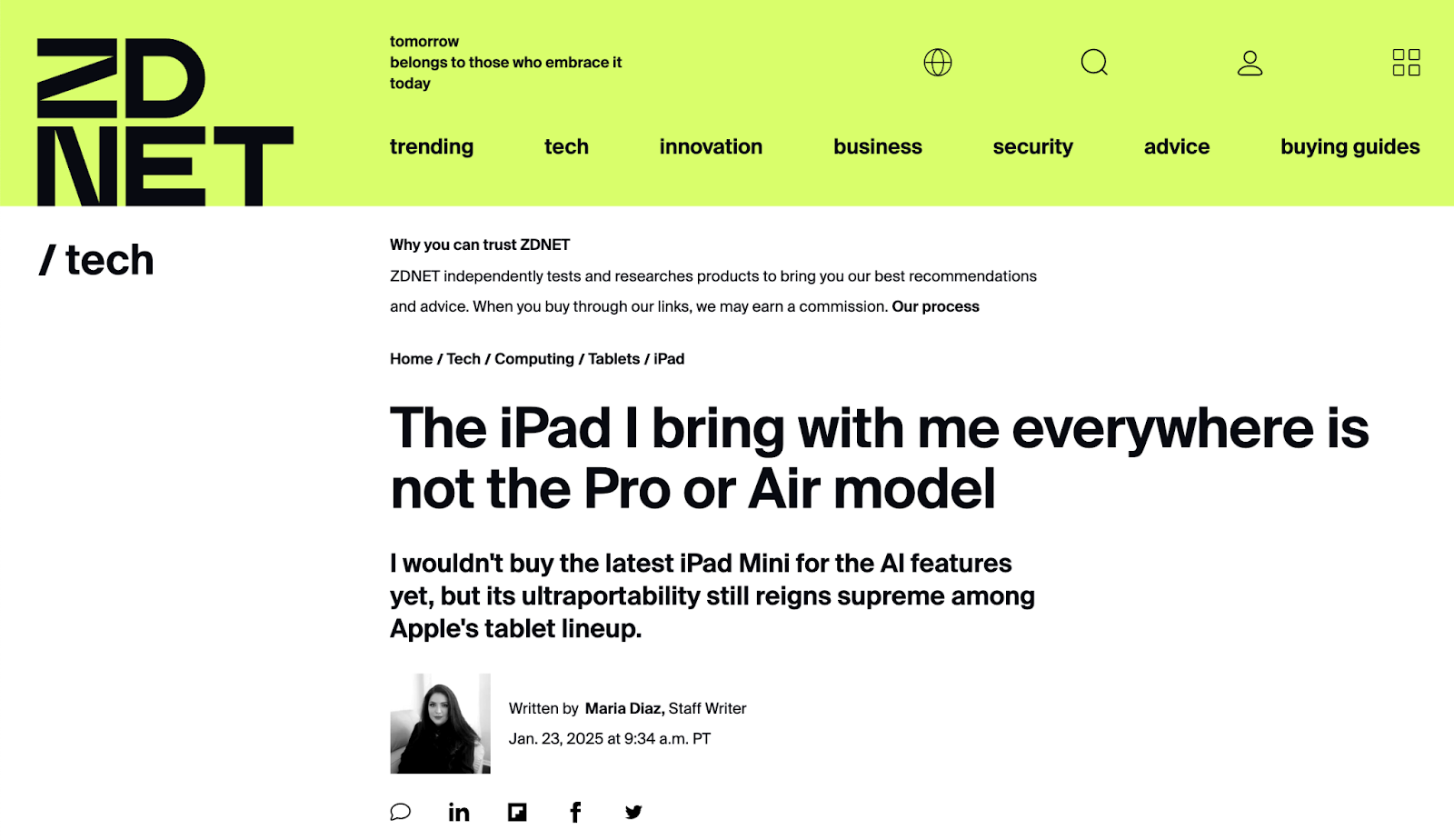 The article is titled "the iPad I bring with me everywhere is not the pro or air model."