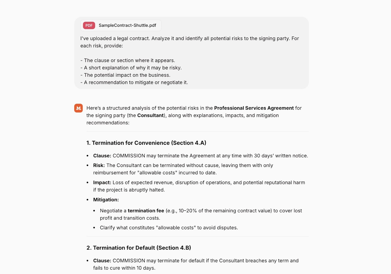 Mistral 2.1 analyzing a legal contract with specific risks, notes on different clauses, mitigation recommendations, etc.