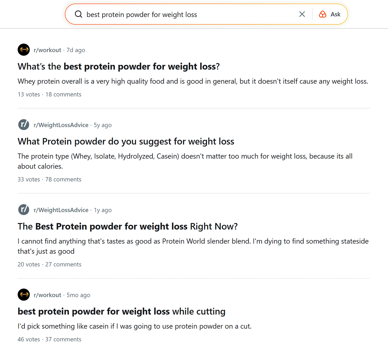 Reddit search results showing discussions about best protein powder for weight loss