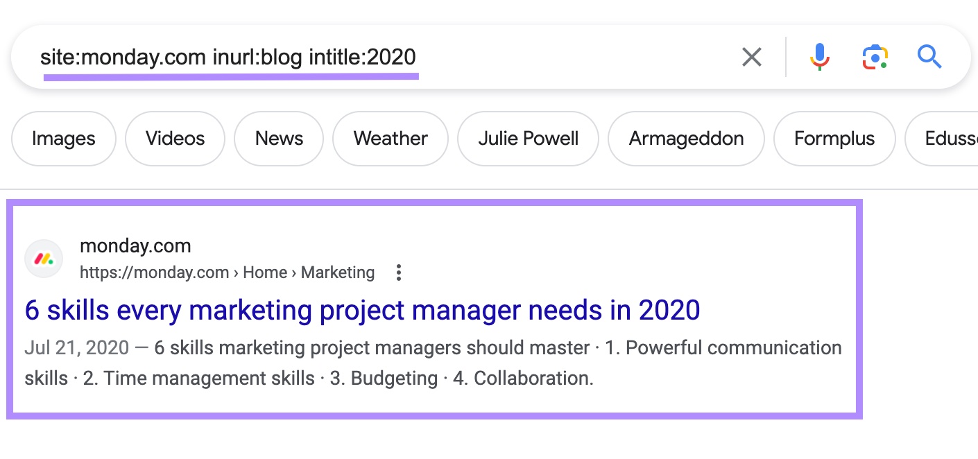 Google's SERP for "site:monday.com inurl:blog intitle:2020” search query