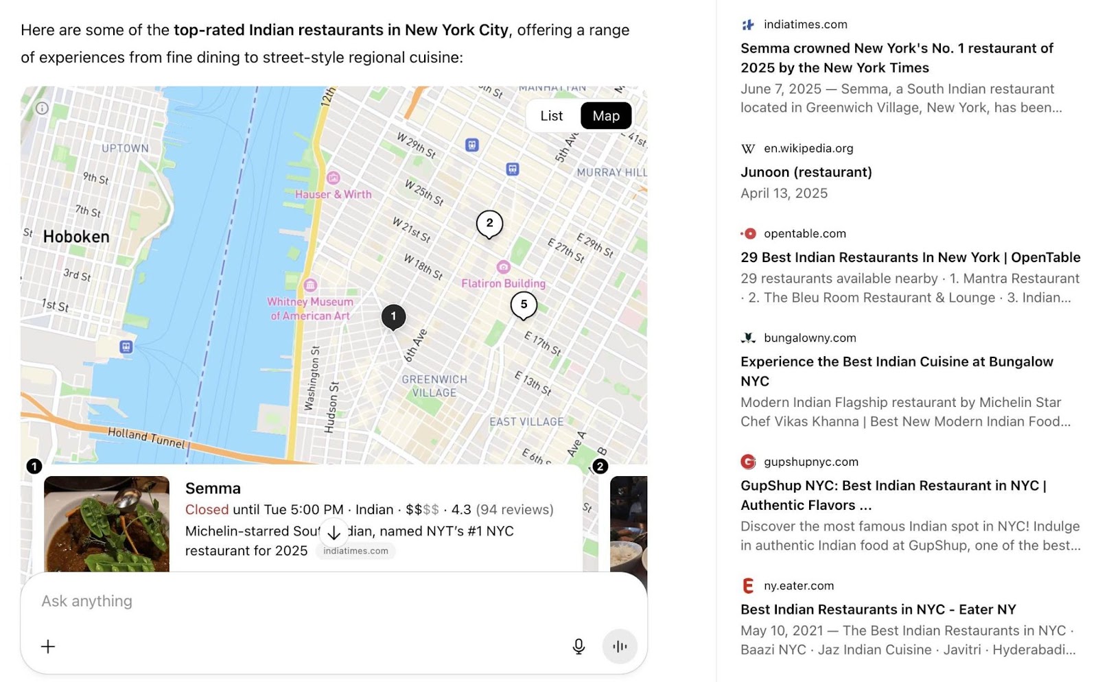 ChatGPT voice assistant results for the best Indian restaurants in New York with results pulled from sources like Wikipedia, YouTube, Reddit, etc.