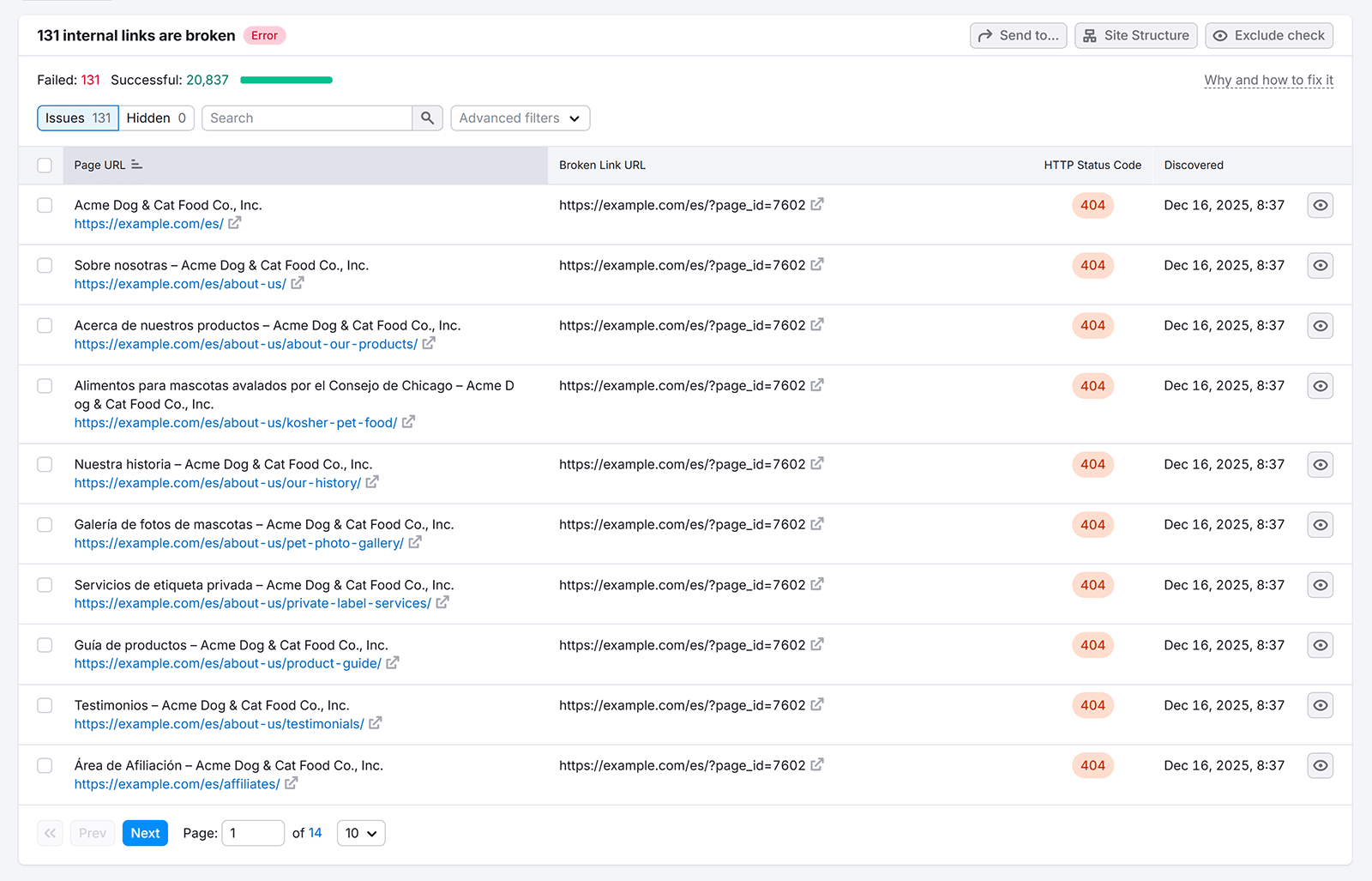 Detailed report of broken internal links listing affected pages, broken URLs, and 404 status codes.