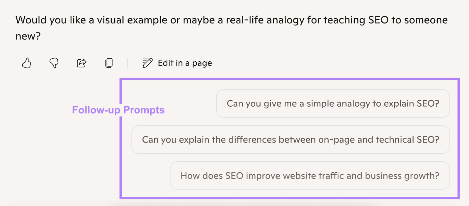 Copilot follow up prompts include give me a simple analogy to explain SEO and more.