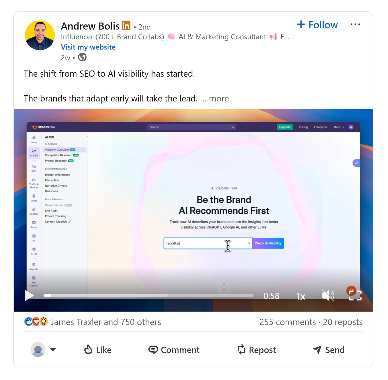 LinkedIn post preview showing the Semrush AI Visibility screen with a domain input field.