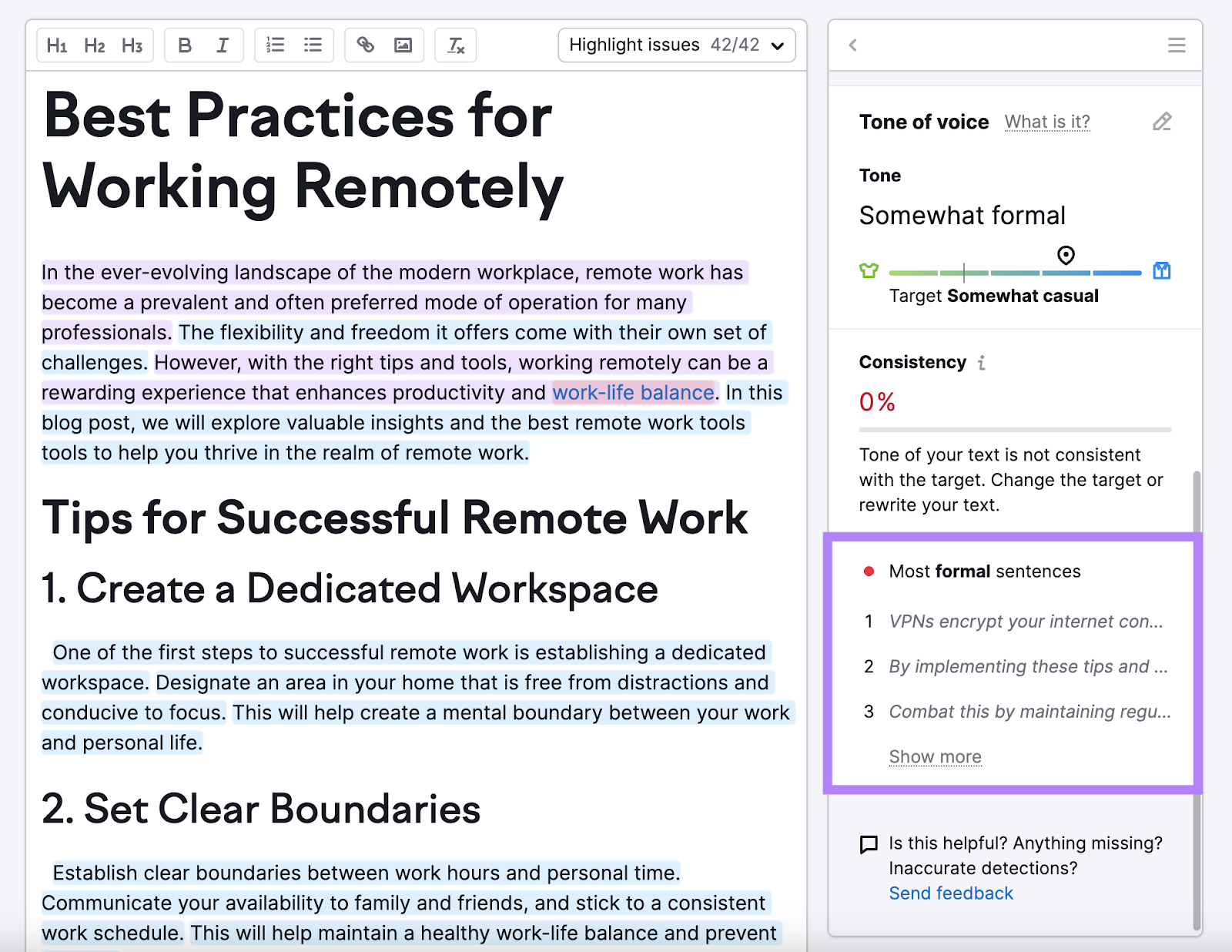 "Most formal sentences" section found in SEO Writing Assistant