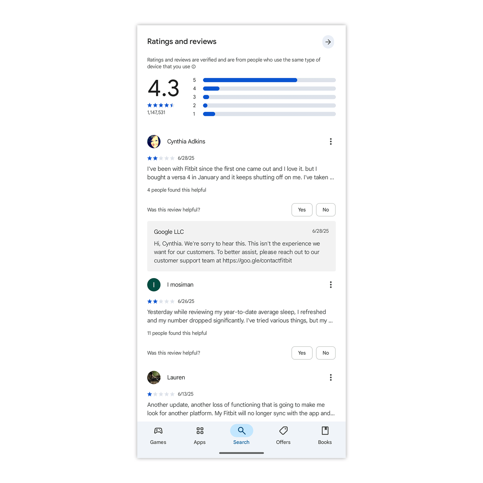 Google Play Store ratings and reviews for Fitbit app showing average score, star breakdown, and user comments