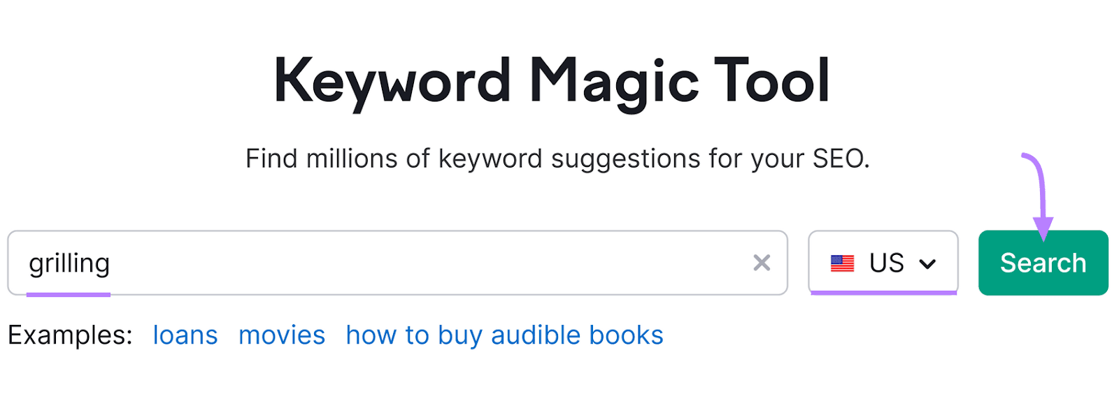 Keyword Magic Tool interface with "grilling" in the search field and a green search button highlighted with a purple arrow.