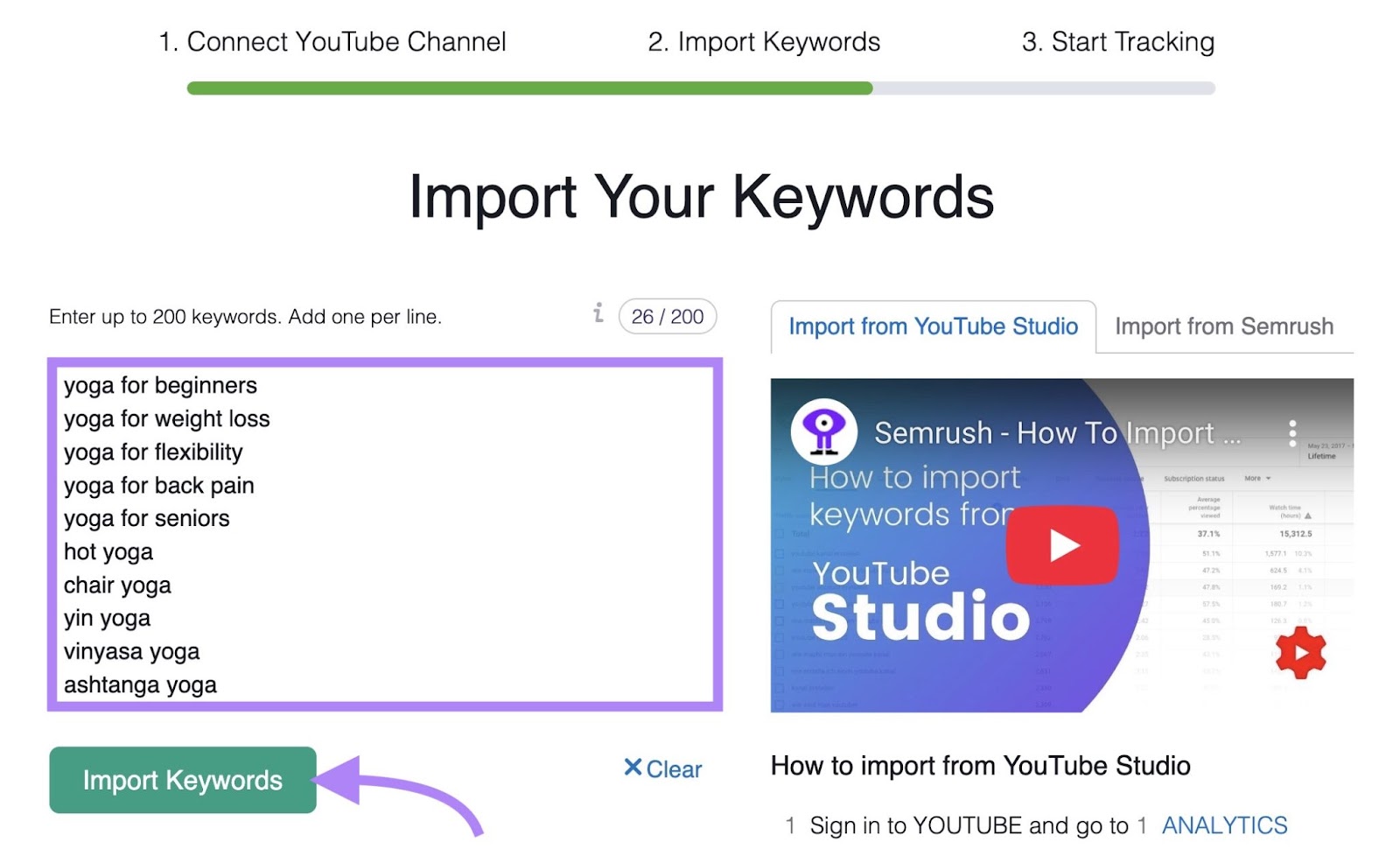 A list of keywords entered and "Import Keywords" clicked on the Rank Tracker for Youtube tool.
