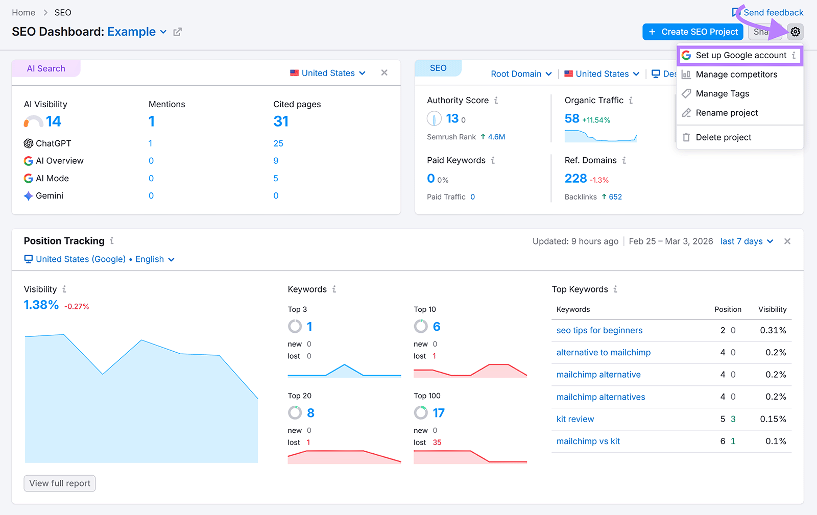 Semrush SEO dashboard settings menu with “Set up Google account” option highlighted