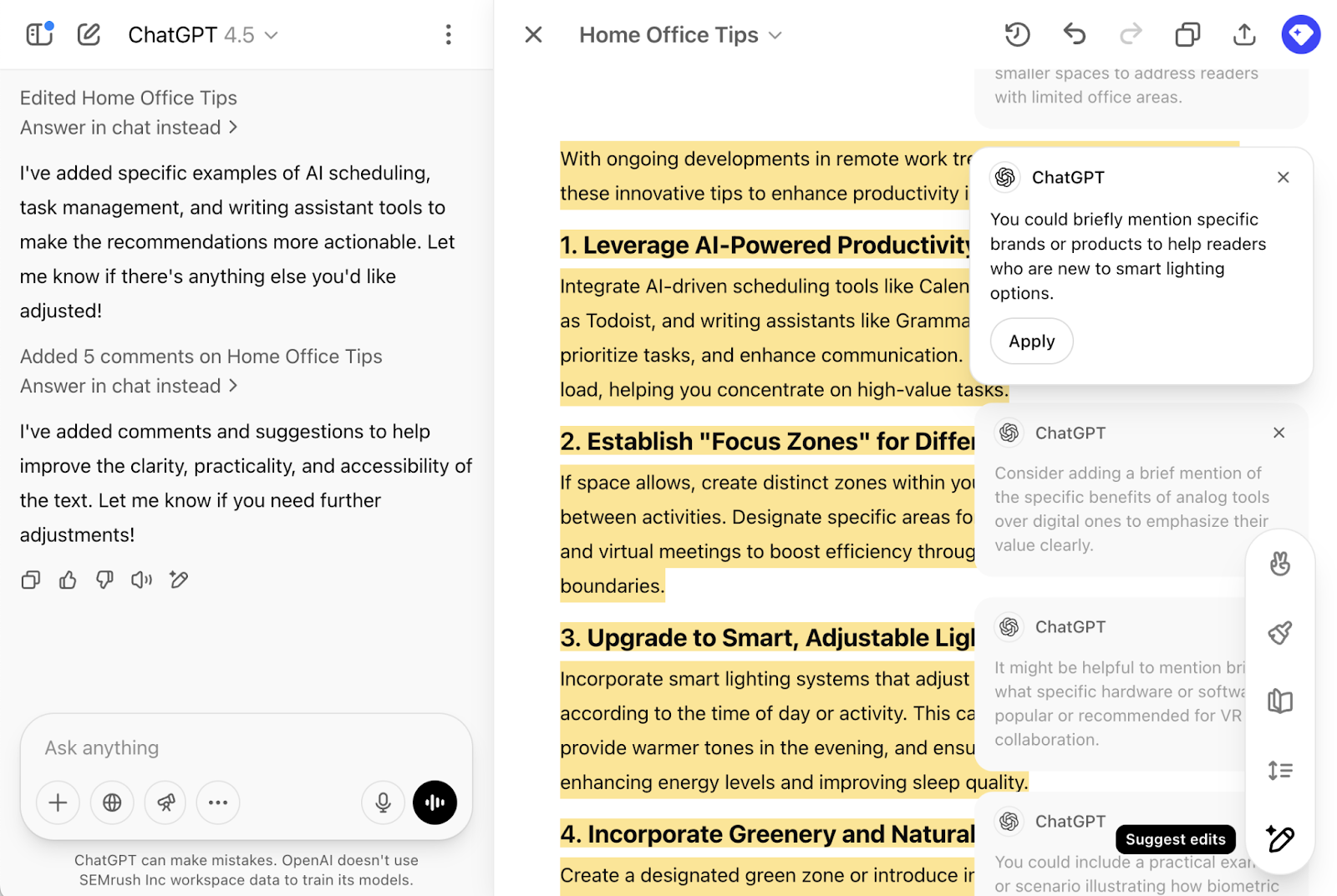 Highlighted text in the content editor shows suggestions to provide more detail for the reader.