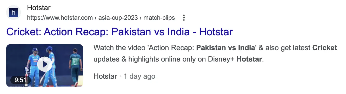 Hotstar's video rich snippet that uses standard VideoObject schema on Google SERP
