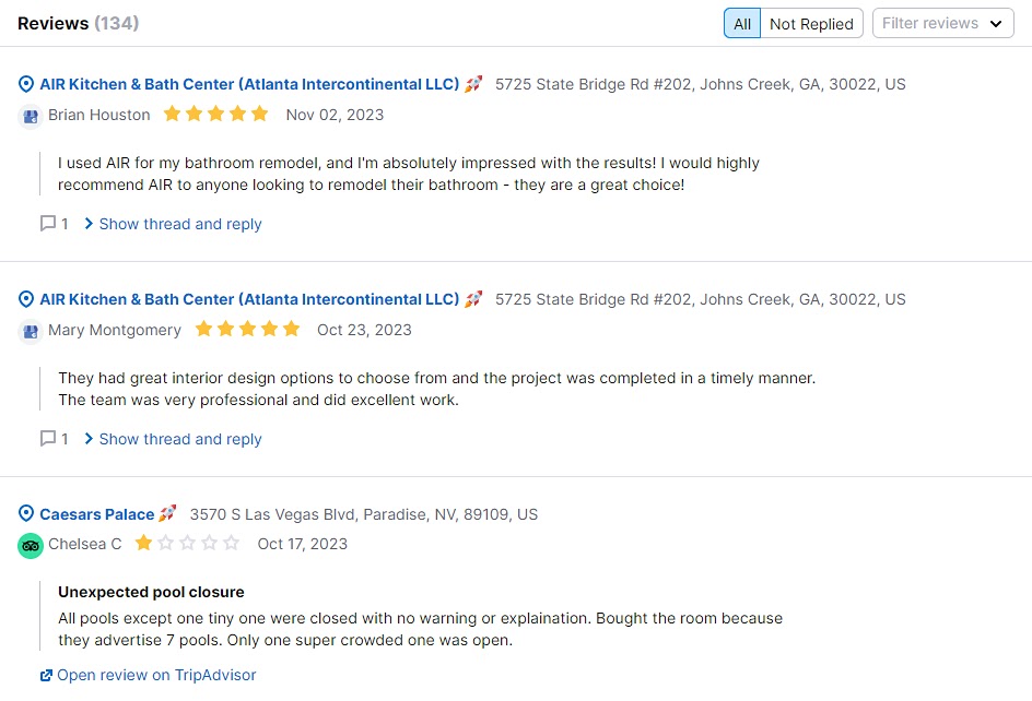 "Reviews" page for the business