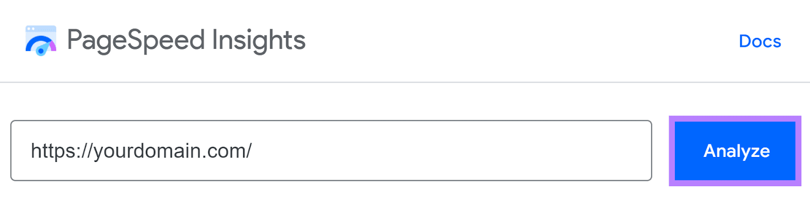 PageSpeed Insights interface with "https://yourdomain.com/" entered in the search bar.