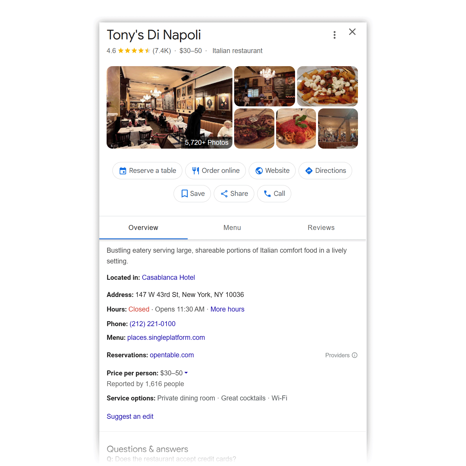Example of an optimized Google Business Profile for Tony’s Di Napoli with photos, address, phone, and reservation links