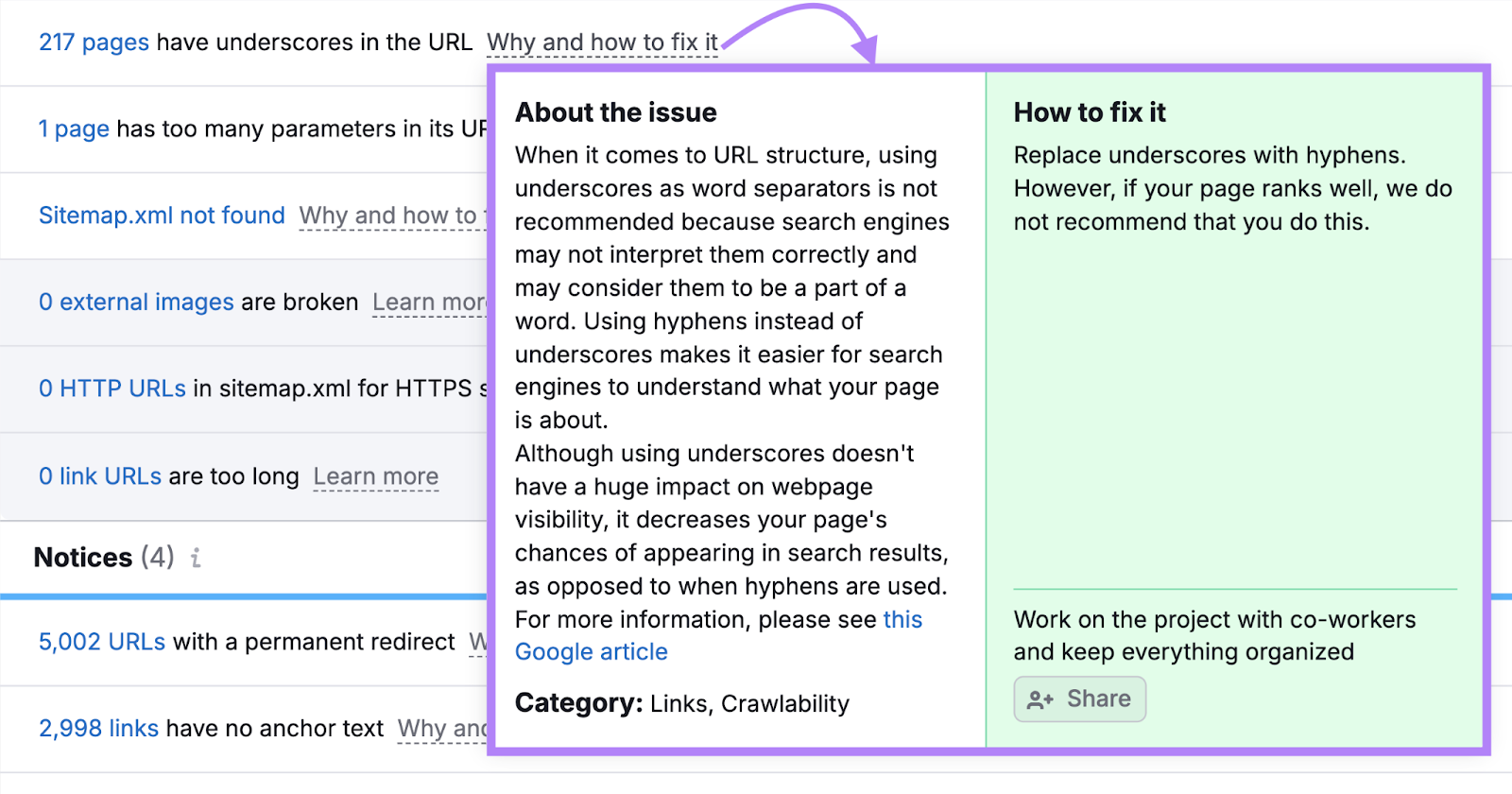 A pop up appears for the underscores in URL issue, explaining more about the issue and how to fix it.