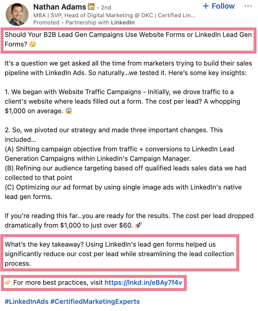 Thought leadership LinkedIn post example from Nathan Adams