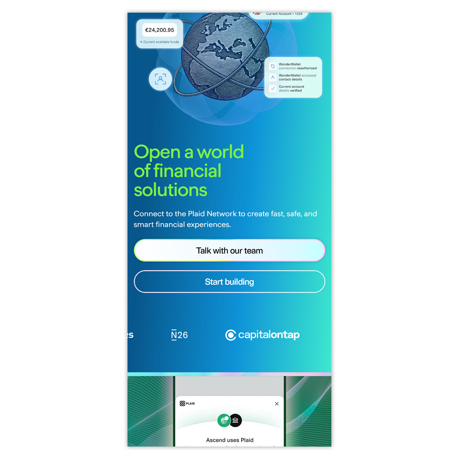 Plaid mobile homepage with nav bar hidden after scrolling lower.