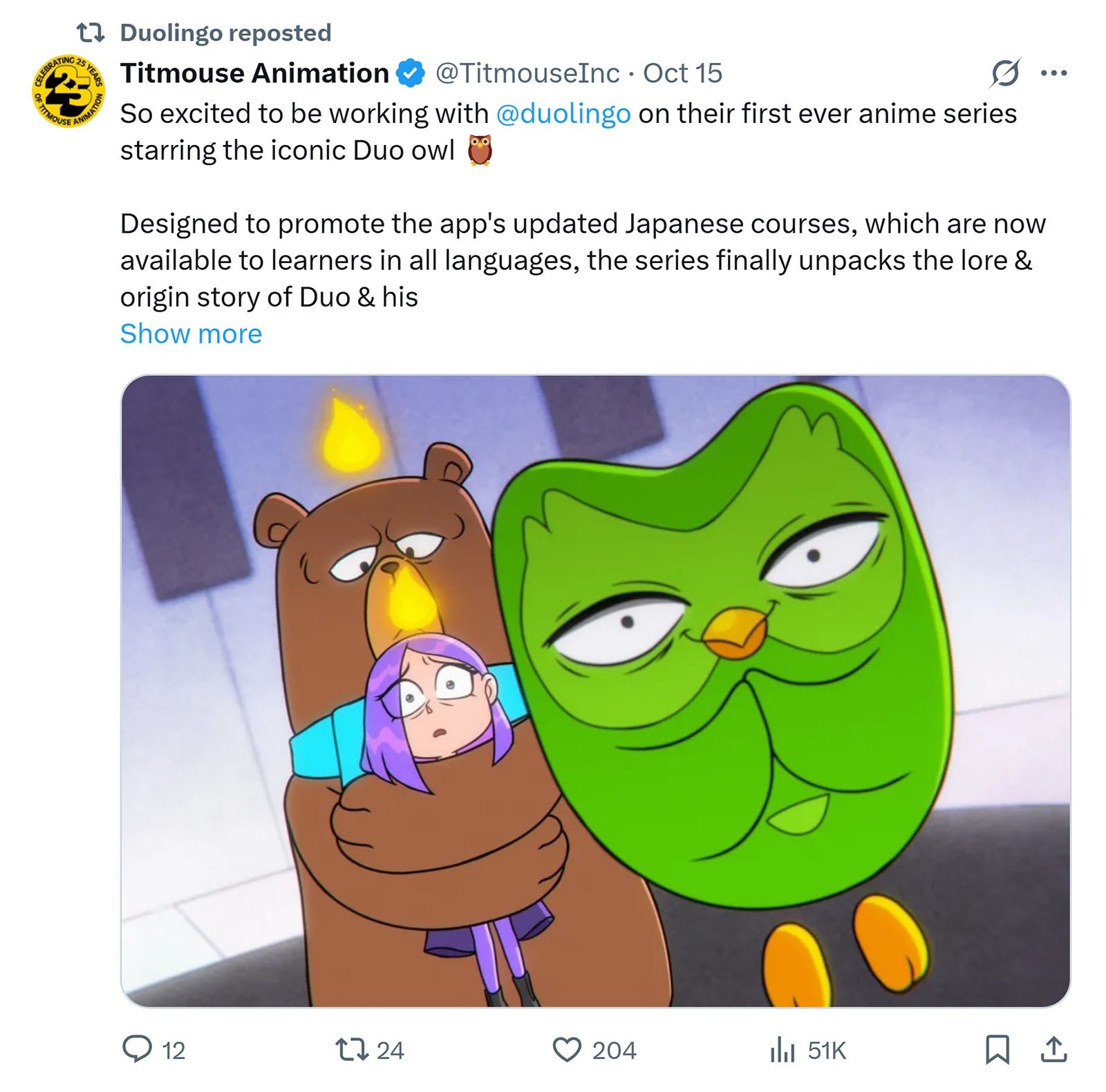Duolingo repost on X sharing tweet by Titmouse Animation announcing their first ever anime series with the Duo owl.