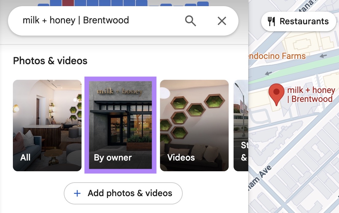 The "Photos & videos" section on Google Maps with the "By owner" tab highlighted.