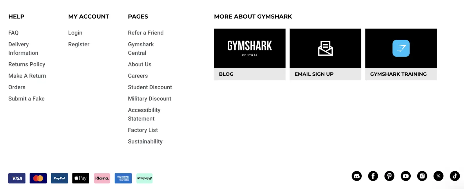 Footer navigation on Gymshark's website organizing links into sections like “Help”, “My Account”, etc.