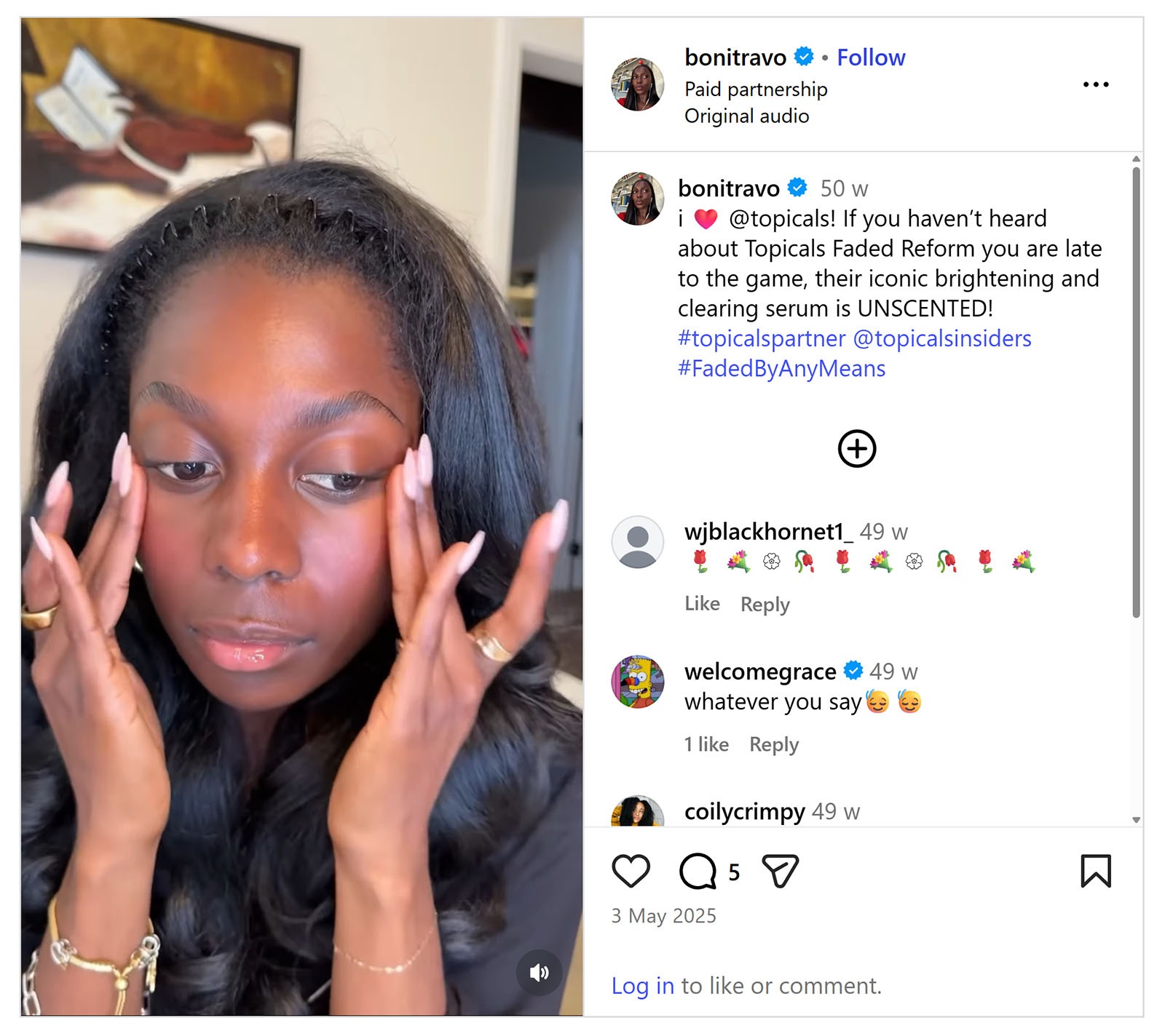Instagram post showing influencer promoting a skincare product in a paid partnership