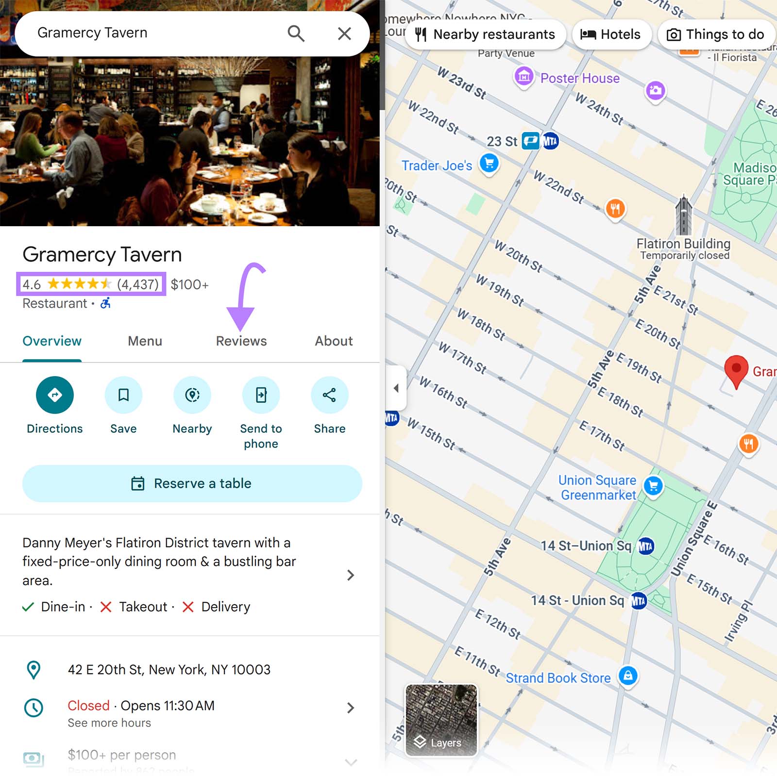 Google Maps listing for Gramercy Tavern with star rating, reviews tab highlighted, and map showing location and nearby places