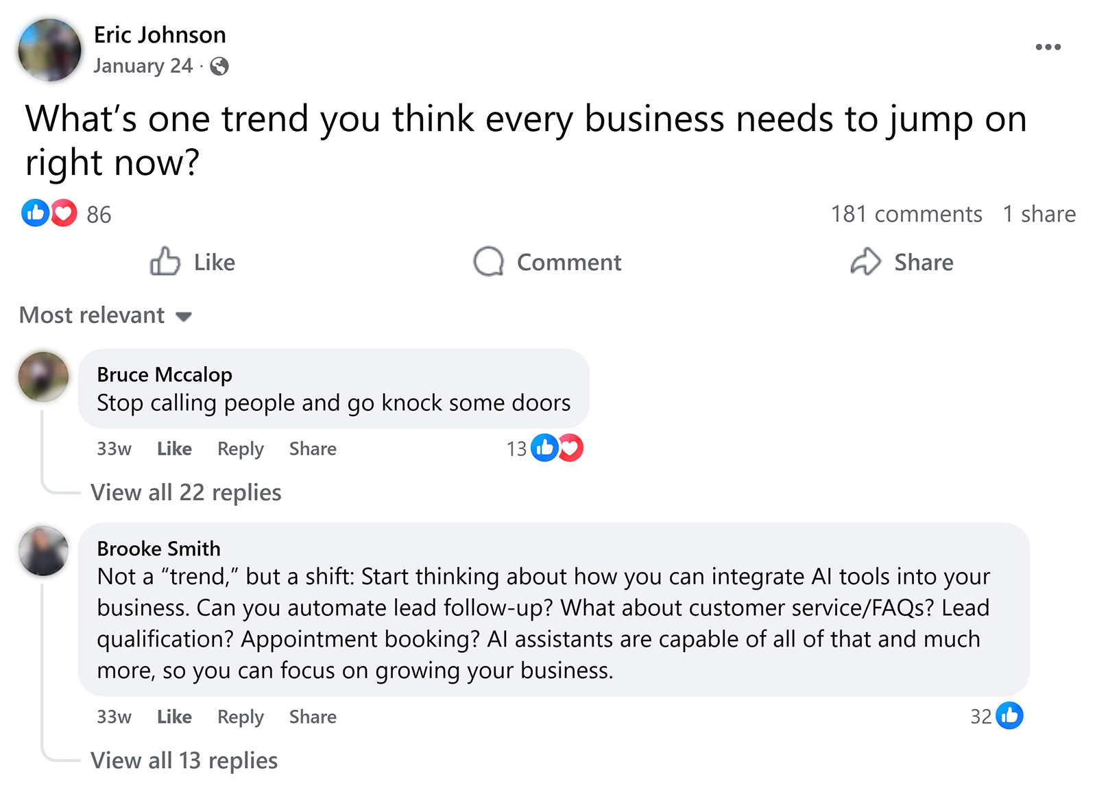 Facebook post asking about business trends with comments suggesting AI tools and direct outreach.