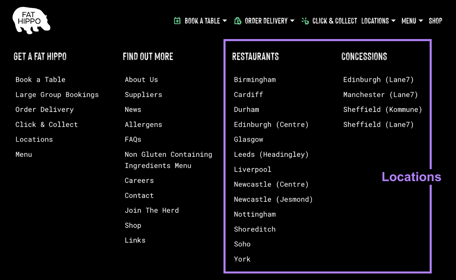 This restaurant chain lists all restaurant locations and concessions locations across multiple towns.