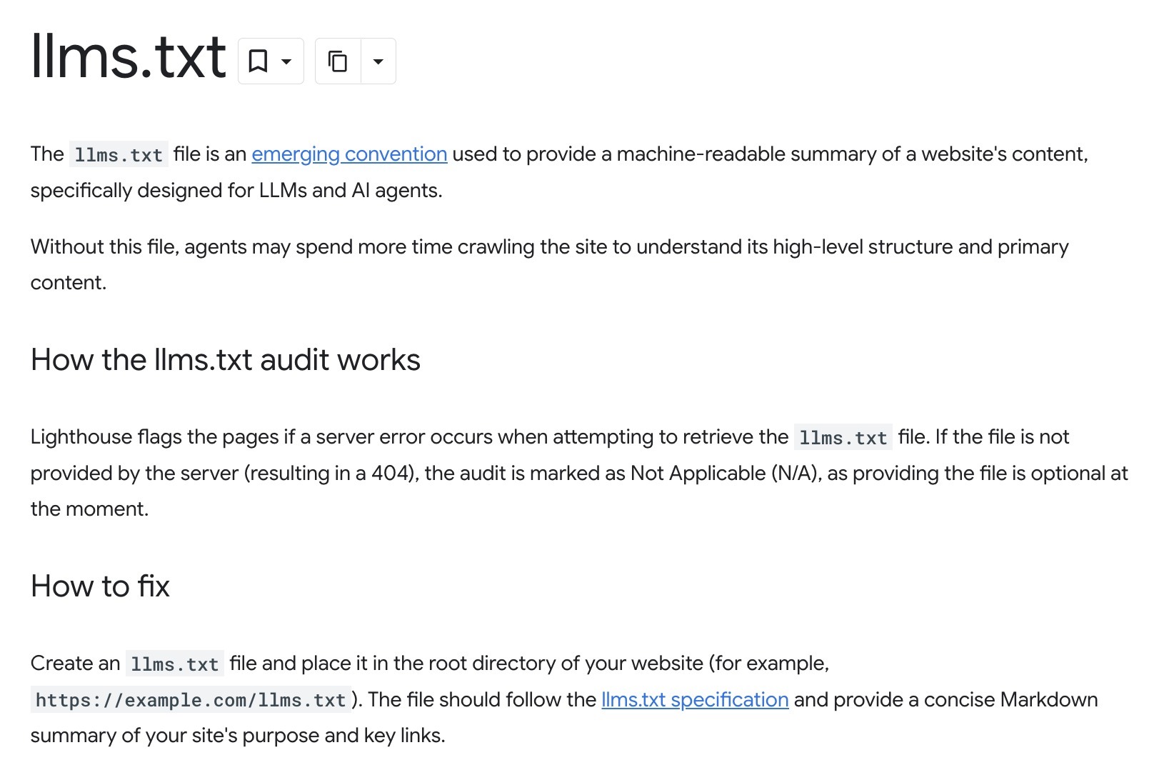 Chrome for Developers page explaining what llms.txt is, how the Lighthouse audit works, and how to fix it.