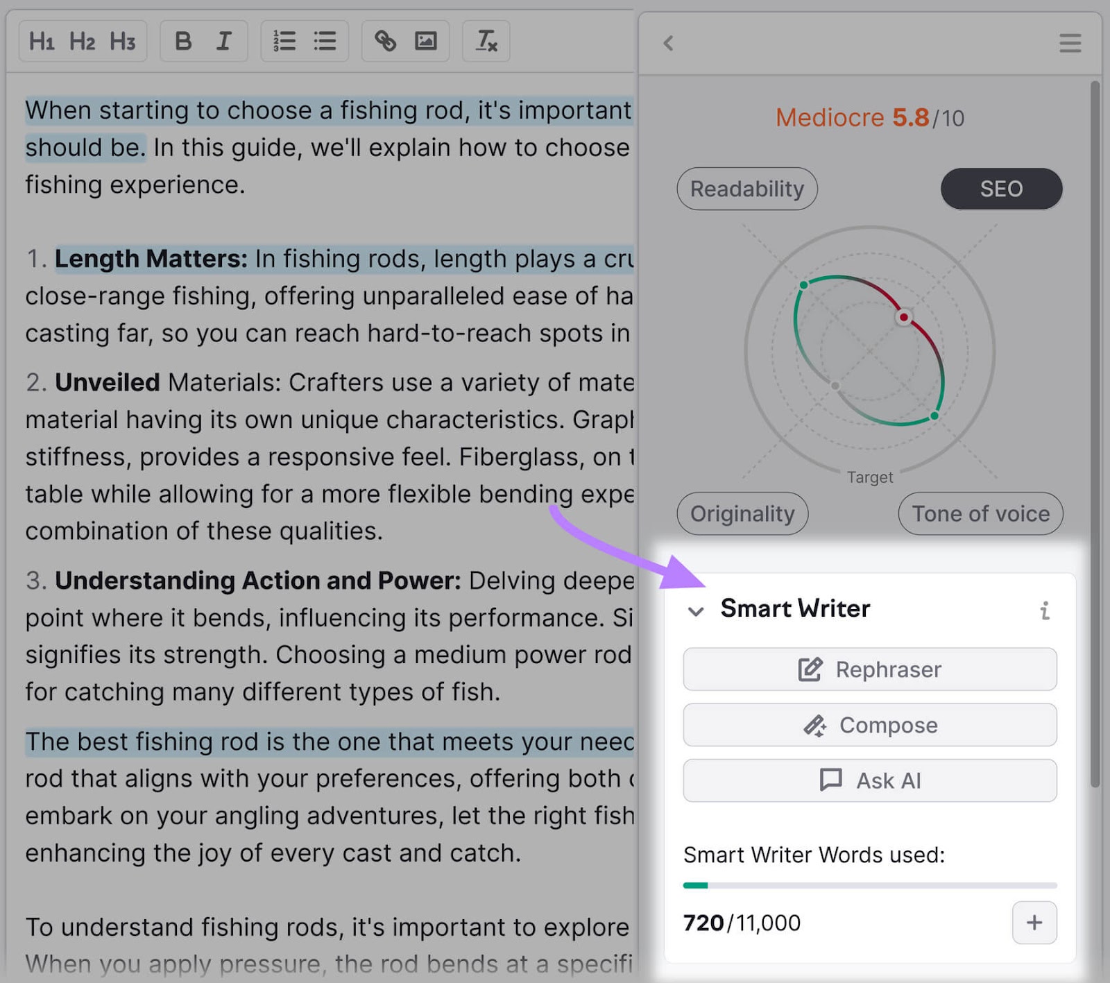 "Smart Writer" feature highlighted in SEO Writing Assistant editor