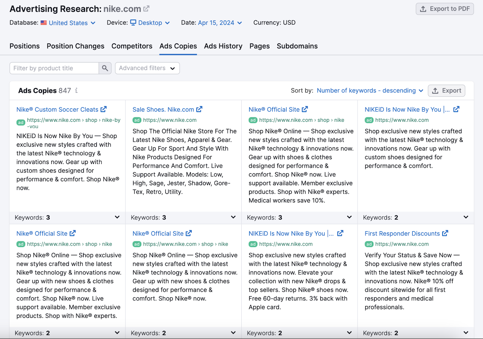 over 800 ad copies shown for nike ads on desktop