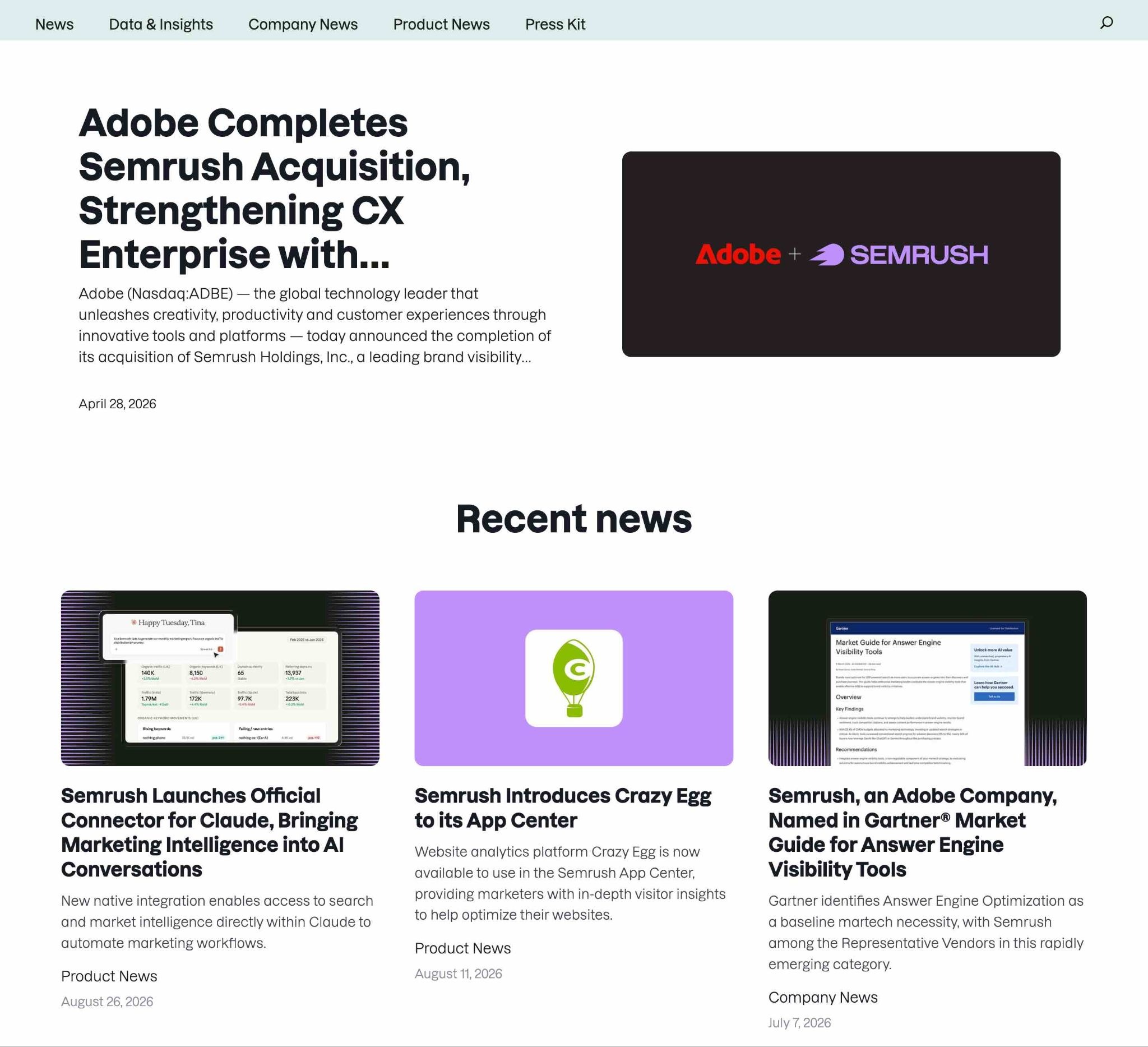 Semrush's Newsroom which shows press releases, media kits, and latest information about the brand.