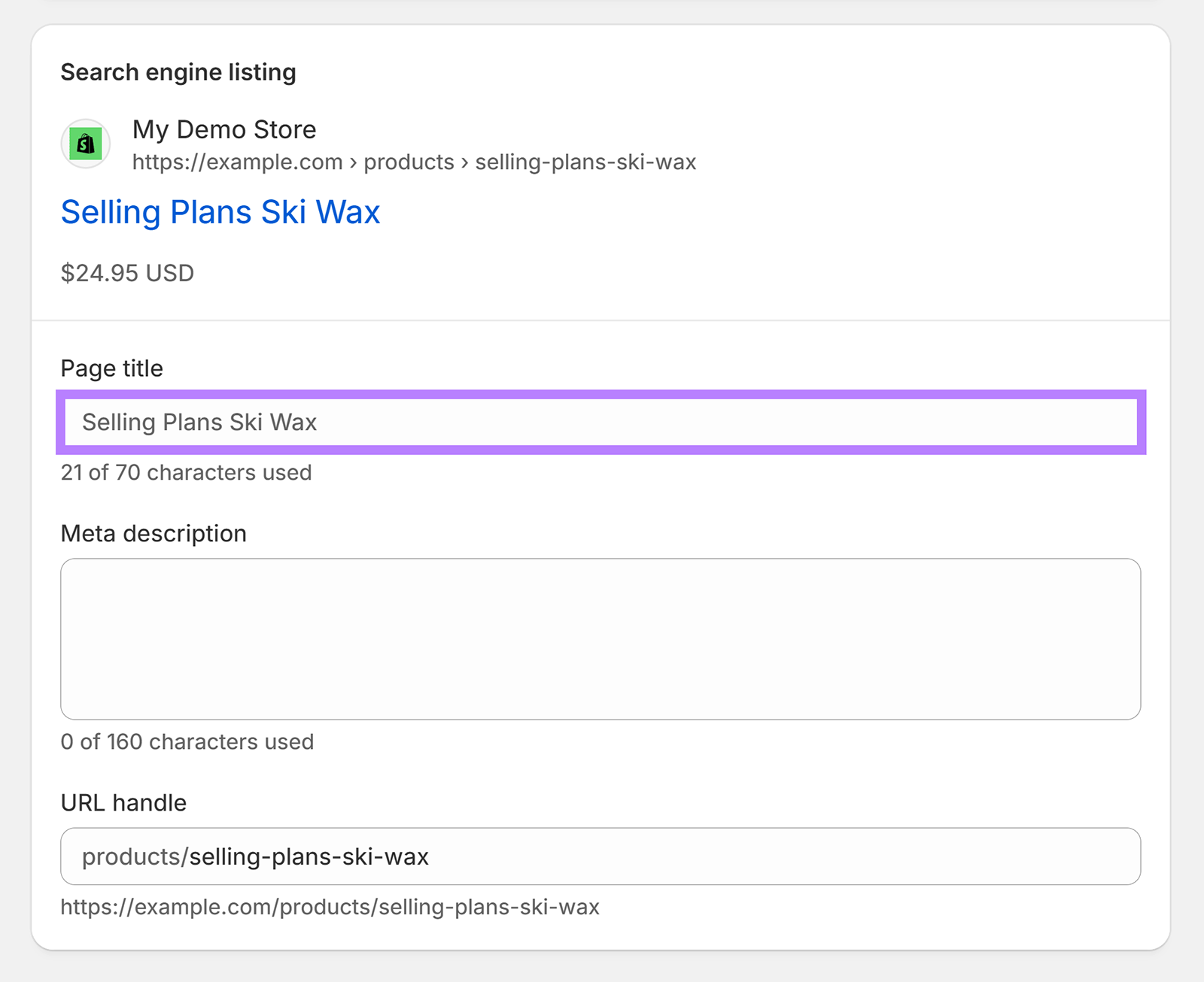 Shopify product search listing showing page title, price, and URL preview in search results.