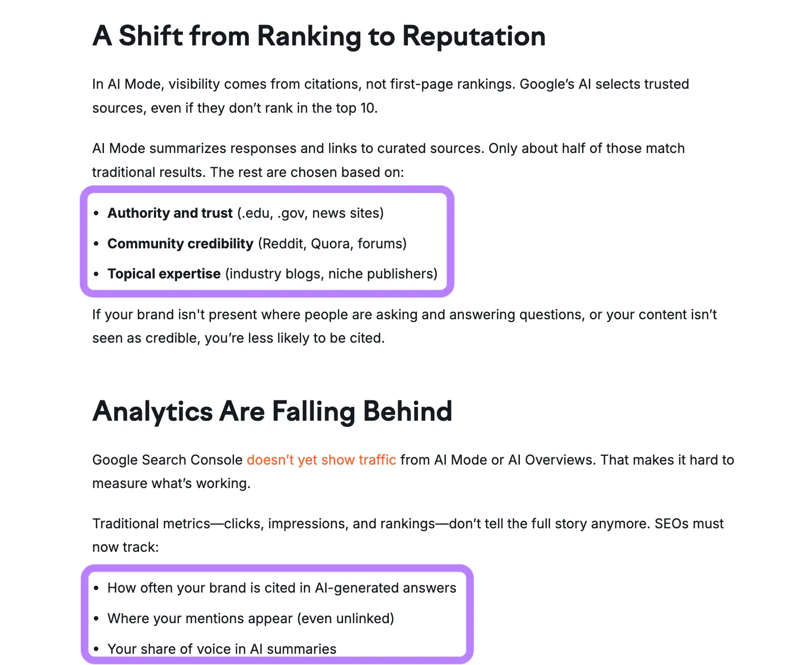 Semrush article breaks related items into bullet points in article sections
