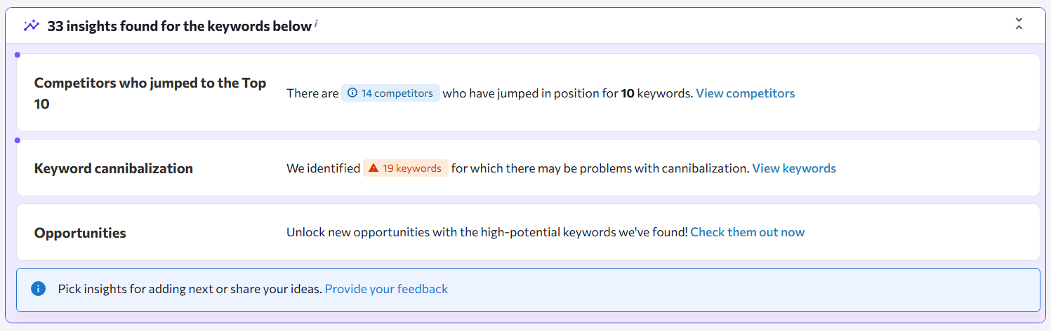 Insights shows things like keyword cannibalization, opportunities, and competitors who jumped to the top 10.