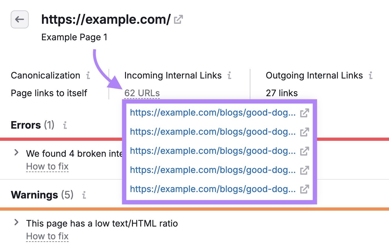 A list of pages pointing to a broken page on Site Audit.
