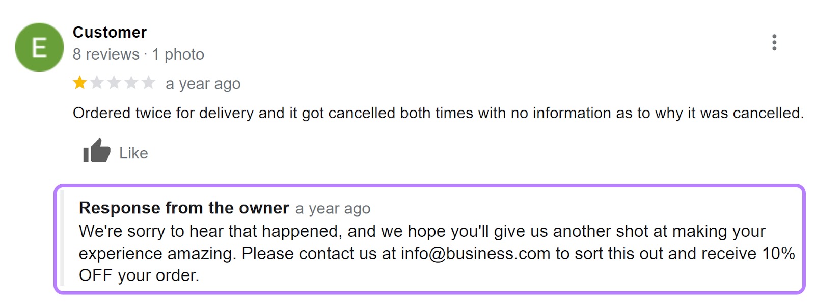 An example of owner's response to a negative Google review