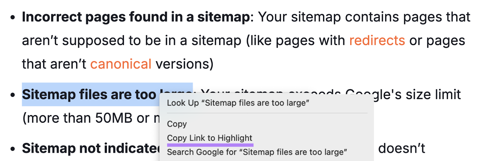 Highlighted text is right clicked to show "copy link to highlight" option.